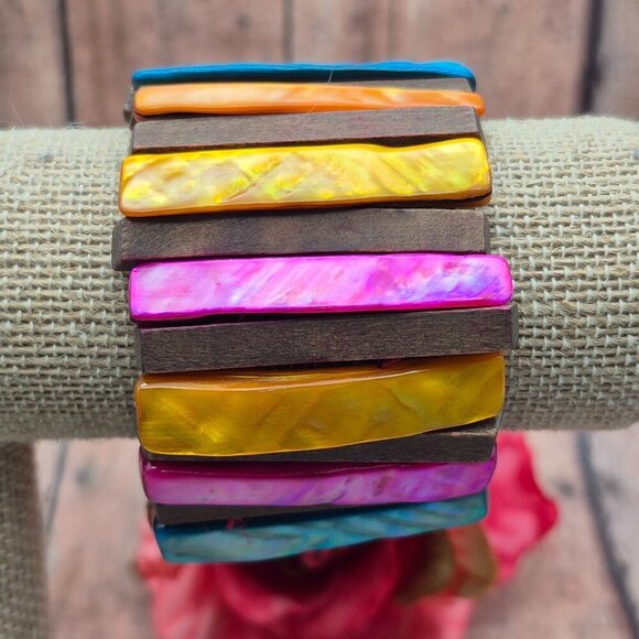 Bohemian Wood Bar & Dyed Abalone Shell Colorful Wide Stretch Bracelet Beach - Picture 6 of 6